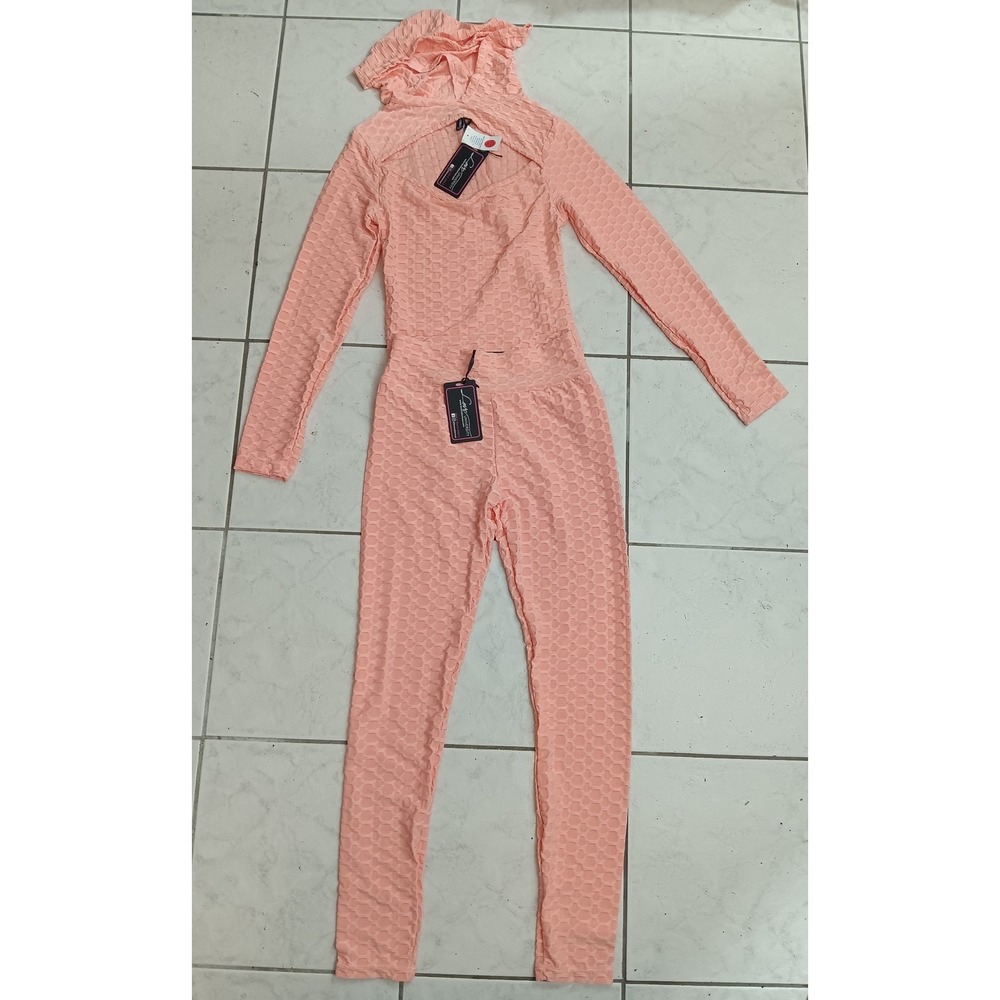 Love University Athleisure Jumpsuit Hooded Romper Textured‎ Peach Activewear M